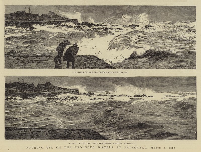 Å helle olje på det urolige farvannet ved Peterhead, 1. mars 1882 av William Lionel Wyllie