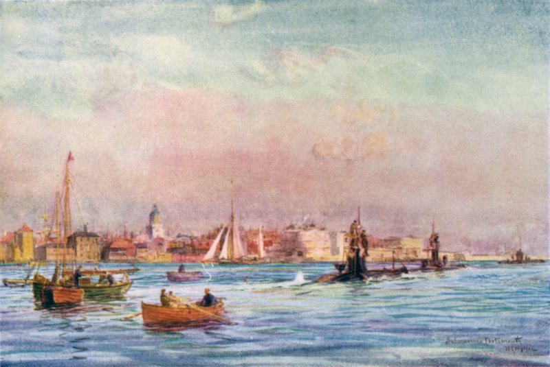 Ubåter forlater Portsmouth havn av William Lionel Wyllie