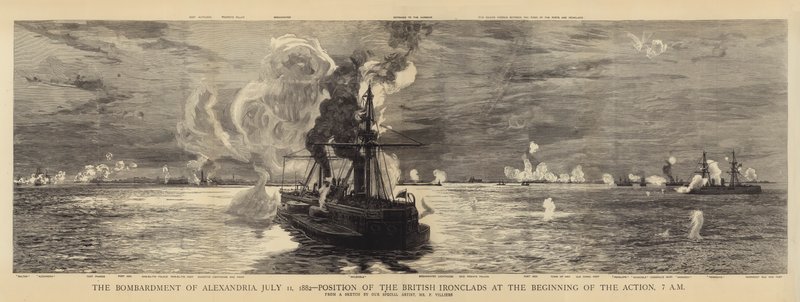 Bombardementet av Alexandria, 11. juli 1882, posisjonen til de britiske jernkladde ved begynnelsen av aksjonen, kl. av William Lionel Wyllie