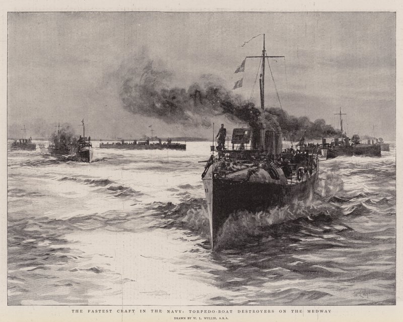 Det raskeste fartøyet i marinen, Torpedo-båtødeleggere på Medway av William Lionel Wyllie