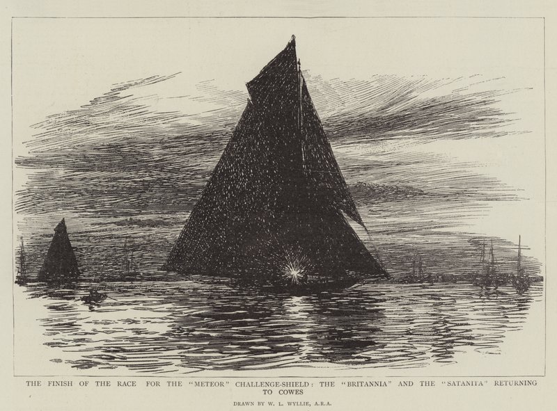 Avslutningen på løpet for Meteor Challenge-Shield, Britannia og Satanita returnerer til Cowes av William Lionel Wyllie
