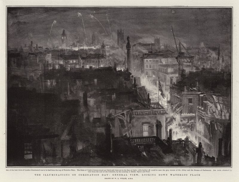 The Illuminations on Coronation Day, General View, ser ned Waterloo Place av William Lionel Wyllie