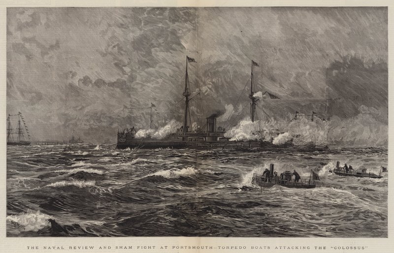Naval Review og Sham Fight i Portsmouth, Torpedobåter angriper Colossus av William Lionel Wyllie