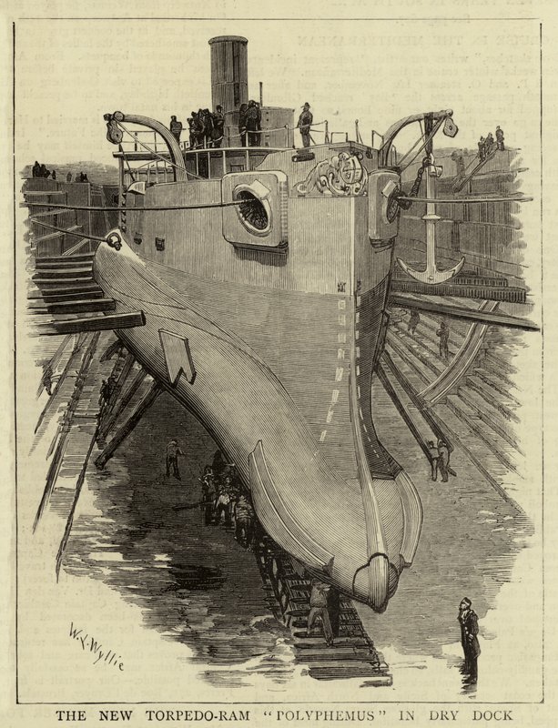 Den nye Torpedo-Ram Polyphemus i tørrdokken av William Lionel Wyllie