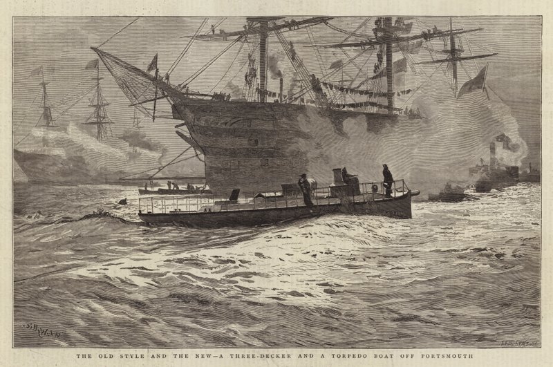 Den gamle stilen og den nye, en tredekker og en torpedobåt utenfor Portsmouth av William Lionel Wyllie
