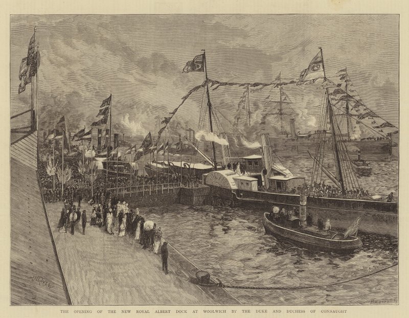 Åpningen av den nye Royal Albert Dock i Woolwich av hertugen og hertuginnen av Connaught av William Lionel Wyllie