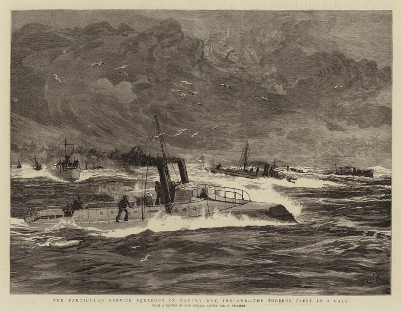 The Particular Service Squadron i Bantry Bay, Irland, Torpedo Fleet in a Gale av William Lionel Wyllie