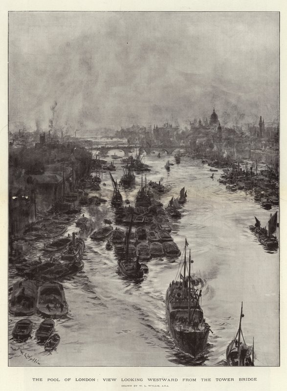 The Pool of London, utsikt vestover fra Tower Bridge av William Lionel Wyllie