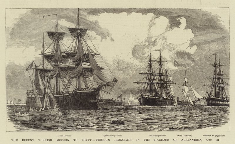 Den nylige tyrkiske misjonen til Egypt, utenlandske jernkledde i havnen i Alexandria, 21. oktober av William Lionel Wyllie