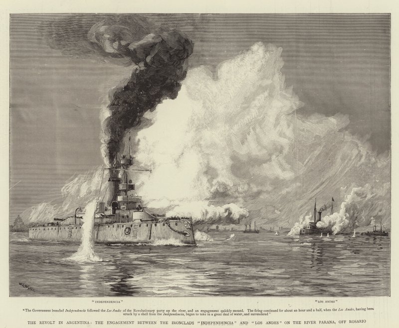 Opprøret i Argentina, forlovelsen mellom Ironclads Independencia og Los Andes ved elven Parana, utenfor Rosario av William Lionel Wyllie