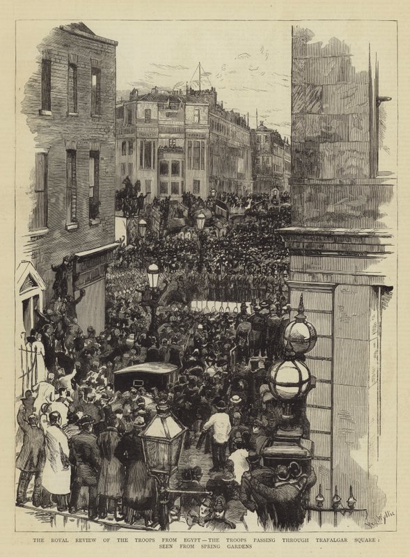 Den kongelige anmeldelse av troppene fra Egypt, troppene som passerte Trafalgar Square, sett fra Spring Gardens av William Lionel Wyllie
