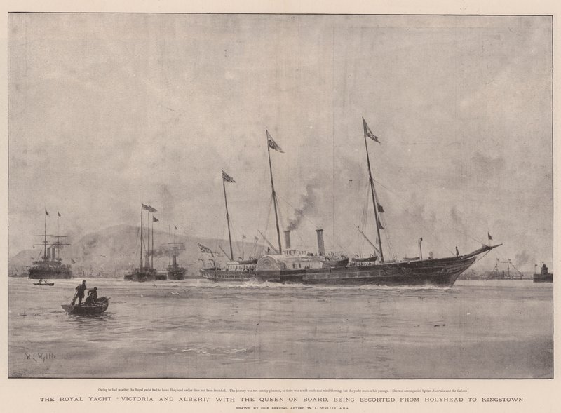 Royal Yacht Victoria og Albert, med dronningen om bord, blir eskortert fra Holyhead til Kingstown av William Lionel Wyllie