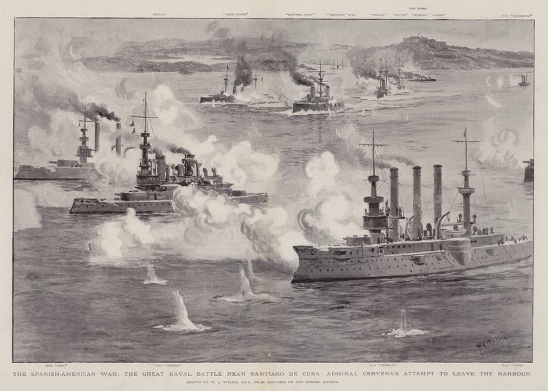 Den spansk-amerikanske krigen, det store sjøslaget nær Santiago de Cuba, admiral Cerveras forsøk på å forlate havnen av William Lionel Wyllie