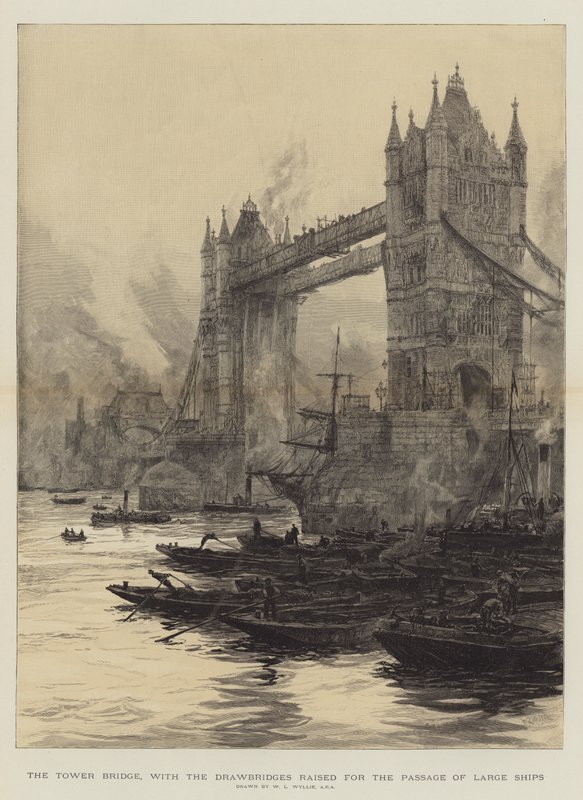 Tower Bridge, med vindebroene hevet for passasje av store skip av William Lionel Wyllie