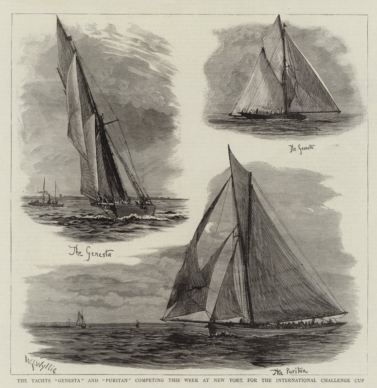 Yachts Genesta og Puritan konkurrerer denne uken i New York om International Challenge Cup av William Lionel Wyllie