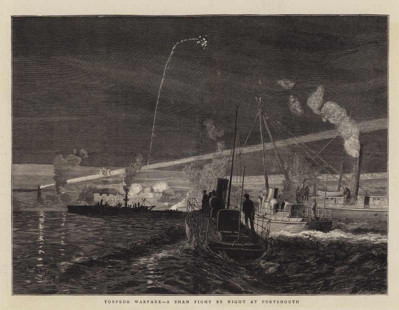 Torpedo Warfare, en falsk kamp om natten i Portsmouth av William Lionel Wyllie