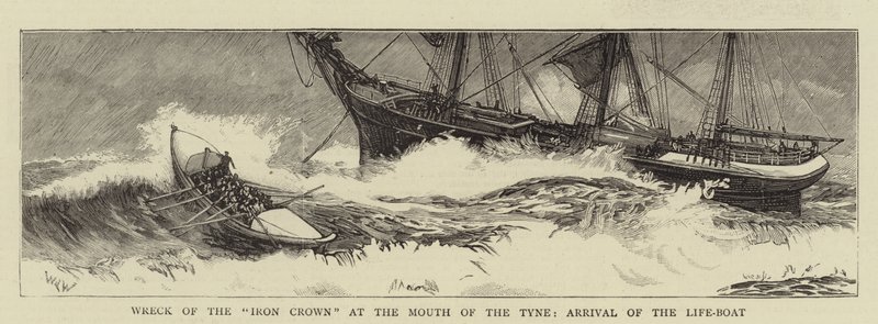 Vraket av jernkronen ved munningen av Tyne, Ankomst av livbåten av William Lionel Wyllie