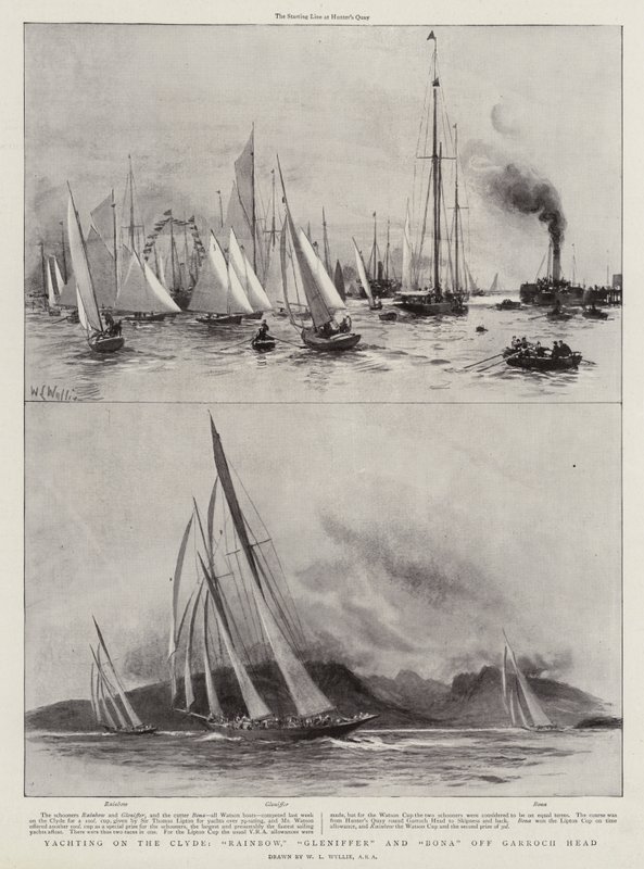 Yachting på Clyde, Rainbow, Gleniffer og Bona utenfor Garroch Head av William Lionel Wyllie