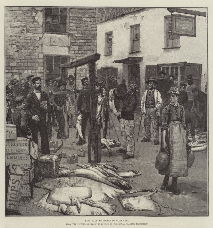 Fiskesalg på Polperro, Cornwall av William Mouat Loudan