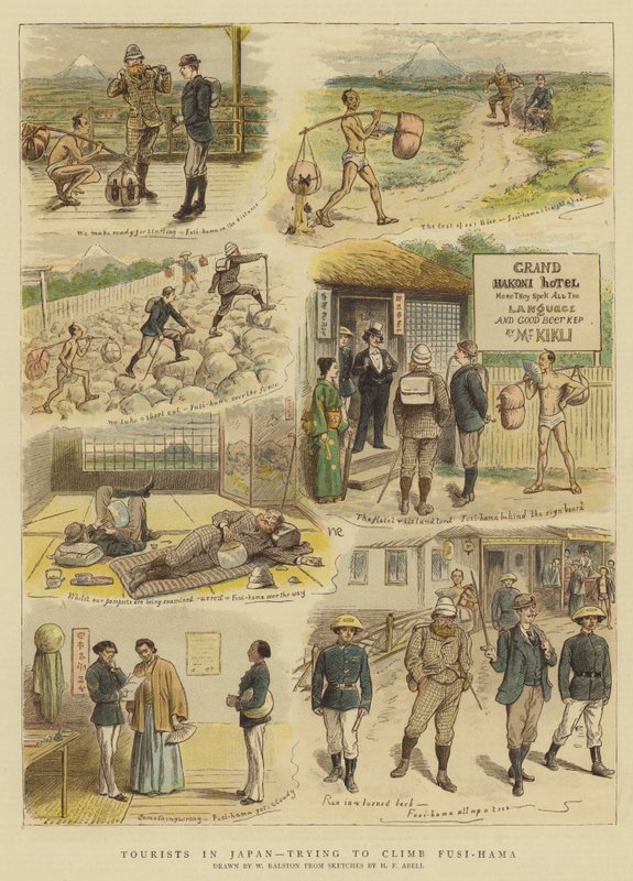Turister i Japan som prøver å bestige Fusi-Hama (chromolitho) av William Ralston