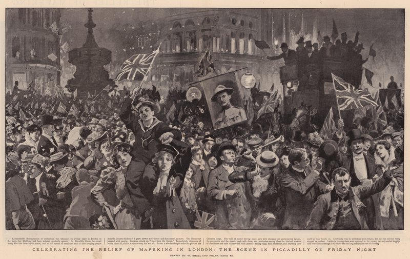 Feirer lettelsen av Mafeking i London, scenen i Piccadilly fredag kveld av William Small