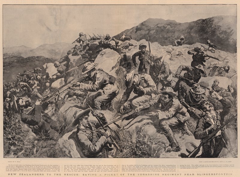 New Zealandere til unnsetning og reddet en pikett fra Yorkshire-regimentet nær Slingersfontein av William Small