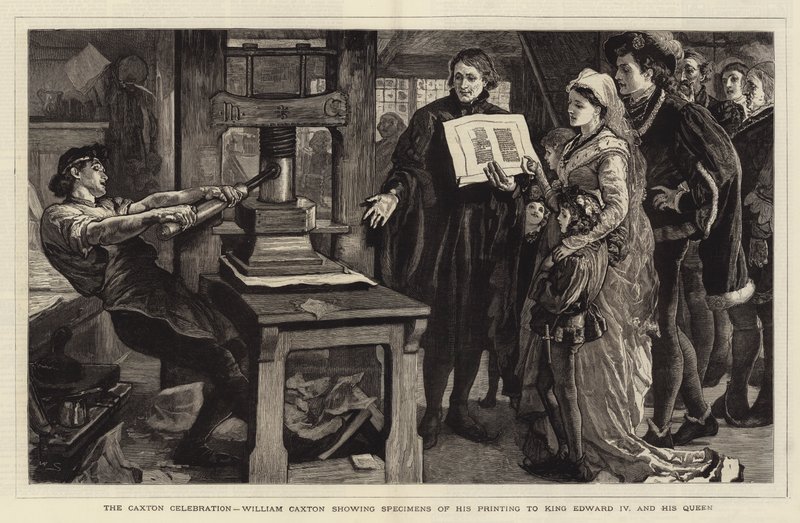 The Caxton Celebration, William Caxton viser eksemplarer av utskriften hans til kong Edward IV og hans dronning av William Small