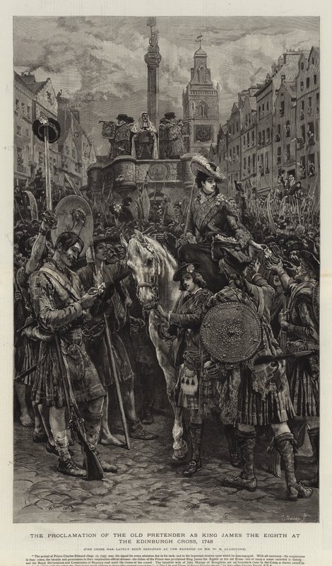 Proklamasjonen av den gamle pretender som kong James den åttende ved Edinburgh Cross, 1745 av William Small