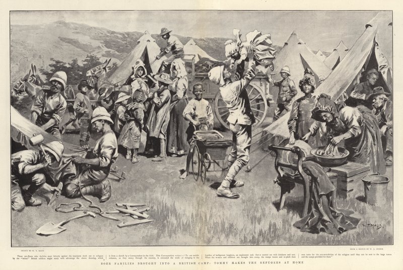 Boerfamilier brakt inn i en britisk leir, Tommy lager flyktningene hjemme av William T. Maud