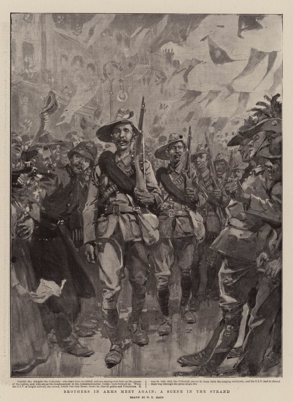 Brothers in Arms Meet again, A Scene in the Strand av William T. Maud