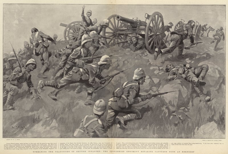 Derbyshire-regimentet opprettholder tradisjonene for britisk infanteri, og gjentar Captured Guns ved Hekpoort av William T. Maud