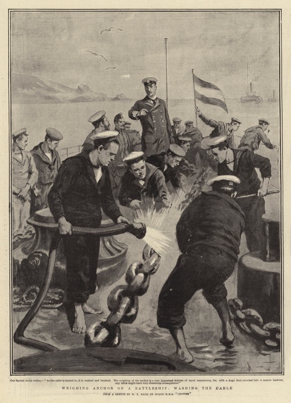 Veier anker på et slagskip, vasker kabelen av William T. Maud