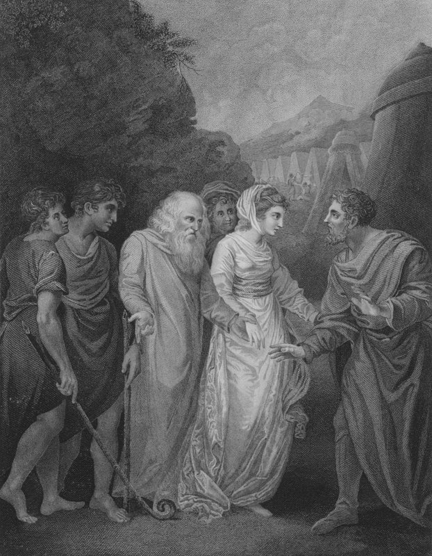Moses møter sin kone og sønner, 2. Mosebok 18, vers 5-8 (gravering) av William (after) Artaud
