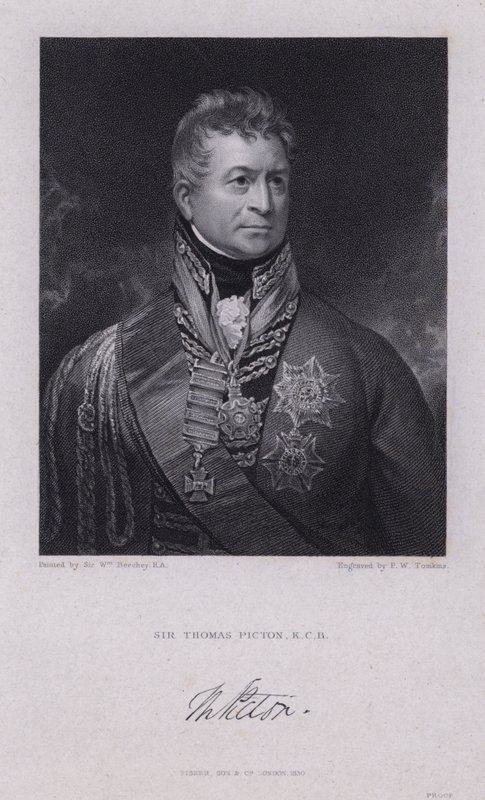Sir Thomas Picton, walisisk general fra Napoleonskrigene drept i slaget ved Waterloo (gravering) av William (after) Beechey