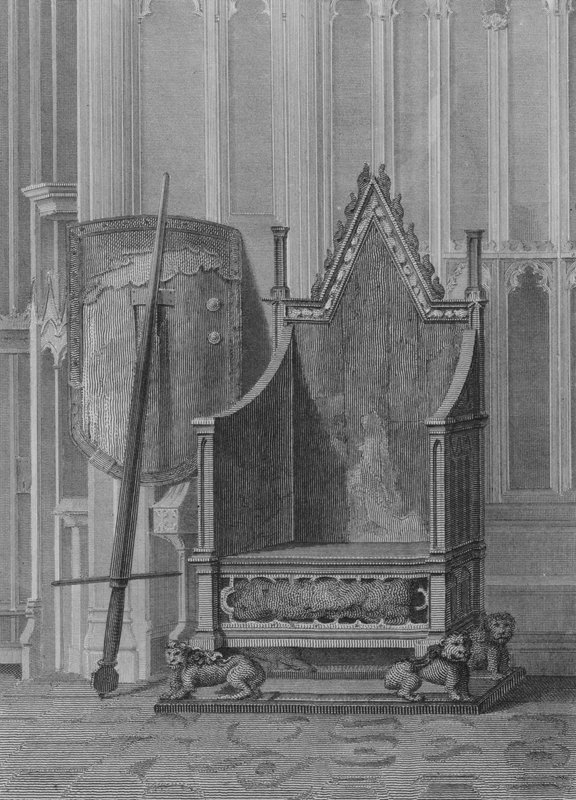 Kroningsstolen til de engelske suverene, med skjoldet og statssverdet til Edward den tredje, Westminster Abbey (gravering) av William (after) Capon