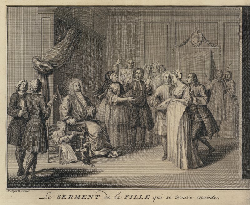 En kvinne som sverger et barn til en gravborger (gravering) av William (after) Hogarth
