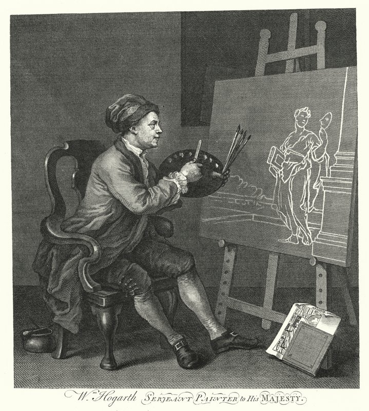 Selvportrett av den engelske kunstneren William Hogarth (gravering) av William (after) Hogarth