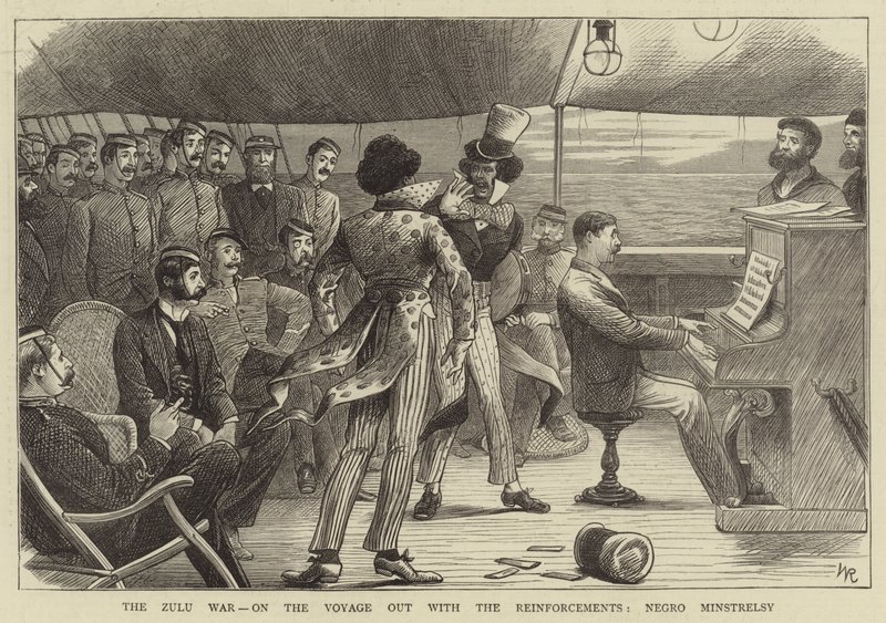 Zulu-krigen, på reisen ut med forsterkningene, svart Minstrelsy (gravering) av William (after) Ralston
