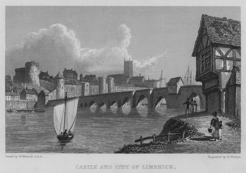 Slottet og byen Limerick (gravering) av William (after) Westall