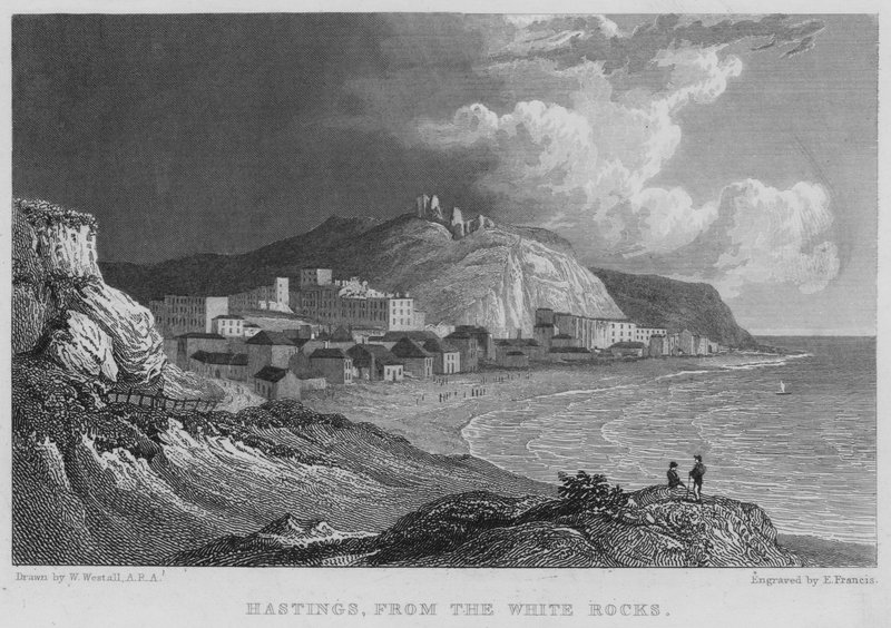 Hastings, fra White Rocks (gravering) av William (after) Westall
