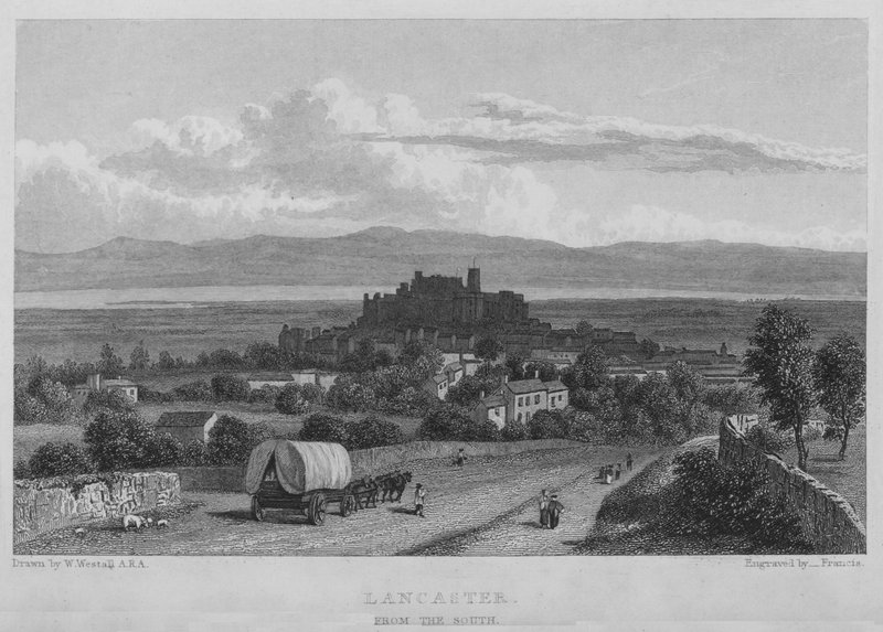 Lancaster, fra sør (gravering) av William (after) Westall
