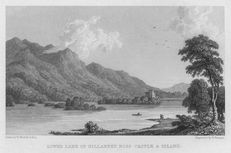 Nedre Lake of Killarney, Ross Castle og Island (gravering) av William (after) Westall