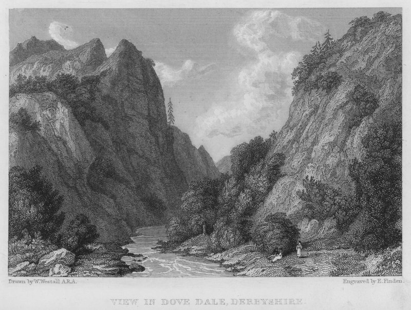Utsikt i Dove Dale, Derbyshire (gravering) av William (after) Westall