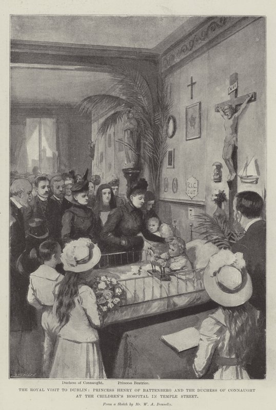 Det kongelige besøket i Dublin, prinsesse Henry av Battenberg og hertuginnen av Connaught ved barnesykehuset i Temple Street litho av William A. Donnelly