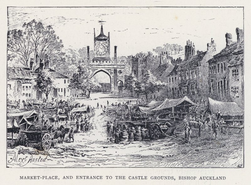 Markedsplass og inngang til slottsområdet, biskop Auckland (gravering) av William Alexander Ansted