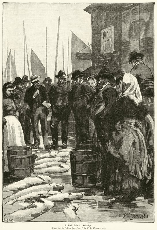Et fiskesalg på Whitby (gravering) av William Barnes (after) Wollen