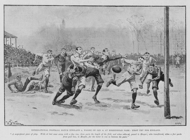 Internasjonal fotballkamp (England v Wales) 6. januar, på Birkenhead Park, første forsøk for England (litho) av William Barnes (after) Wollen