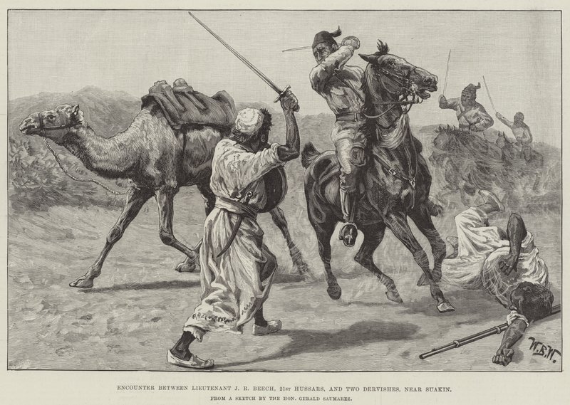Møte mellom løytnant J R Beech, 21st Hussars og Two Dervishes, nær Suakin av William Barnes Wollen