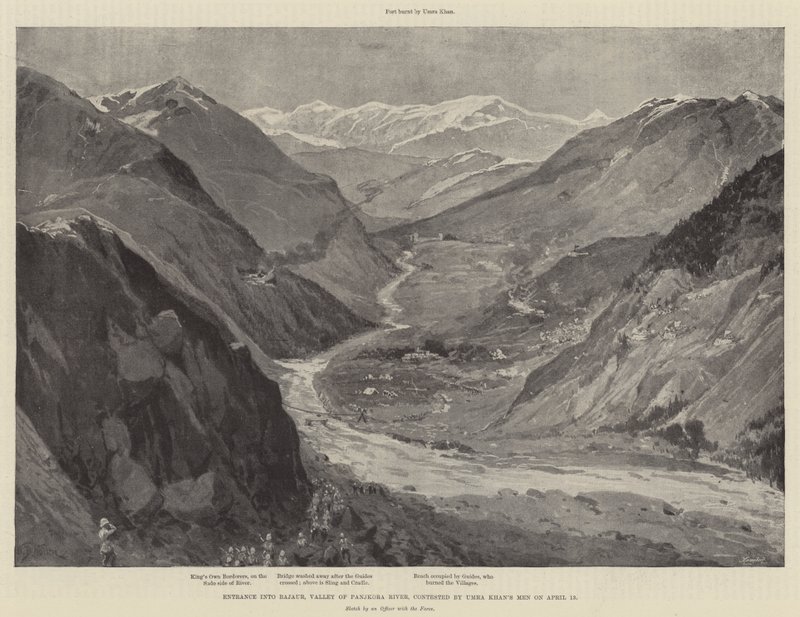 Inngang til Bajaur, Panjkora-elvens dal, konkurrert av Umra Khans menn 13. april av William Barnes Wollen
