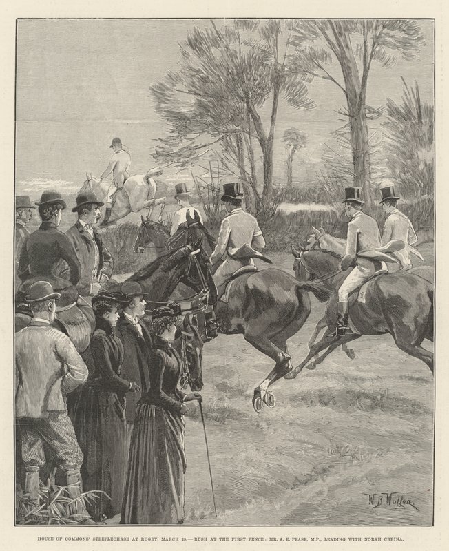 Underhusets hindring ved Rugby, 29. mars, Rush at the First Fence, Mr A E Pease, MP, leder sammen med Norah Creina av William Barnes Wollen